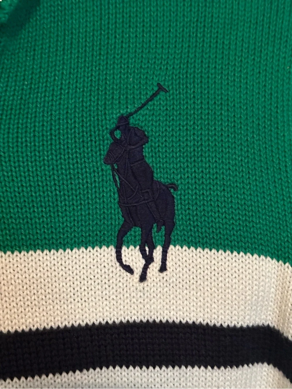POLO Ralph Lauren Boys Big Pony Green Cream & Navy Color Block 1/4 Zip Sweater